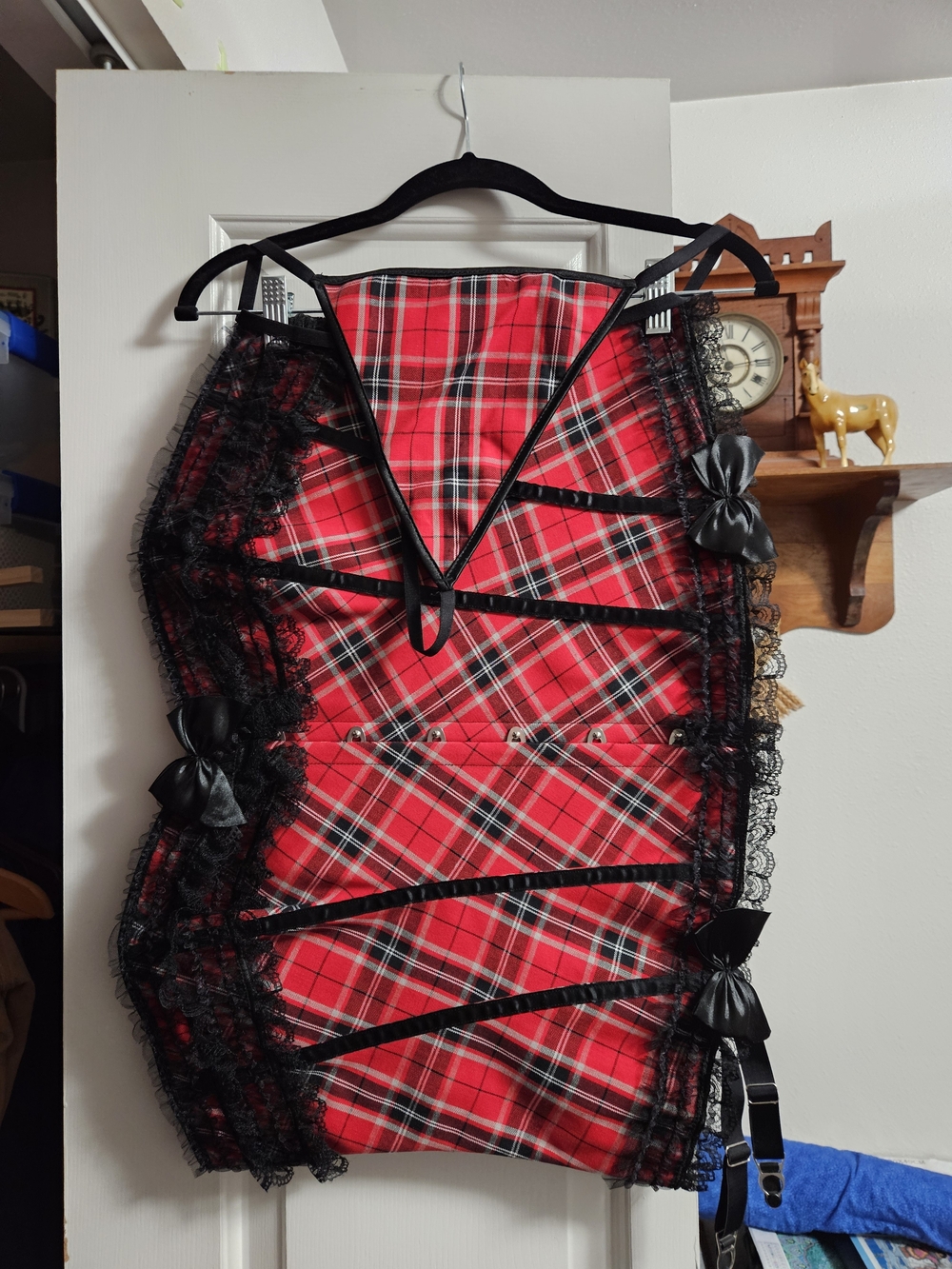 Red Plaid Lace-Up Corset with Black Lace Trim